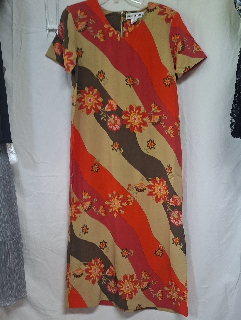 VTG Stock Options 70s Style Retro Wavy Floral Column Maxi Dress Medium Groovy
